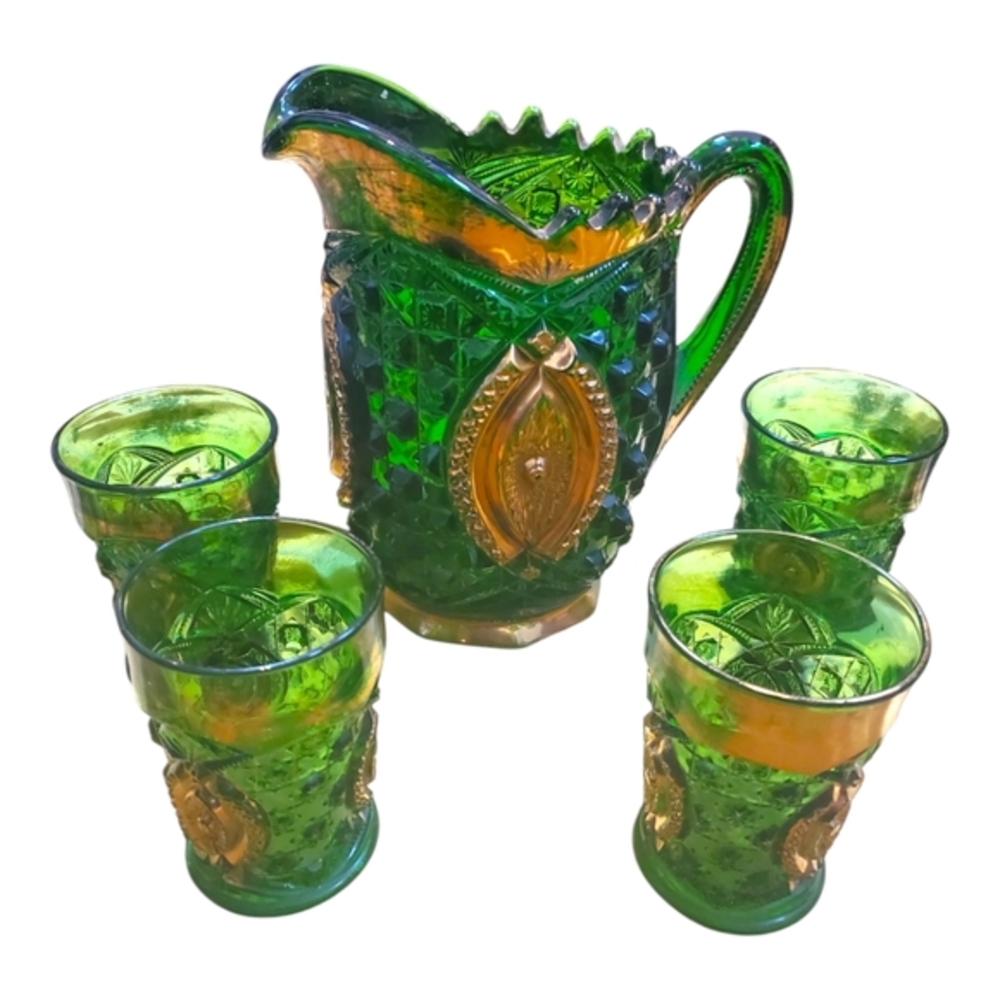 EAPG Northwood Glass Water Set Memphis Green Pitcher and Tumblers (4) MCM